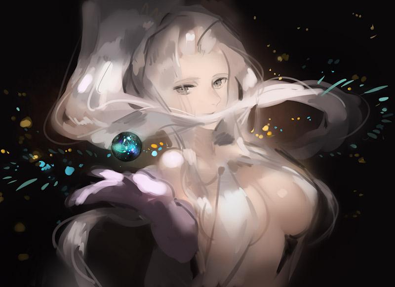 1girl, bare_shoulders, breasts, closed_mouth, dress, elbow_gloves, gensou_suikoden, gloves, high_ponytail, jeane_(gensou_suikoden), long_hair, looking_at_viewer, ponytail, revealing_clothes, simple_background, smile, solo, zhuzi