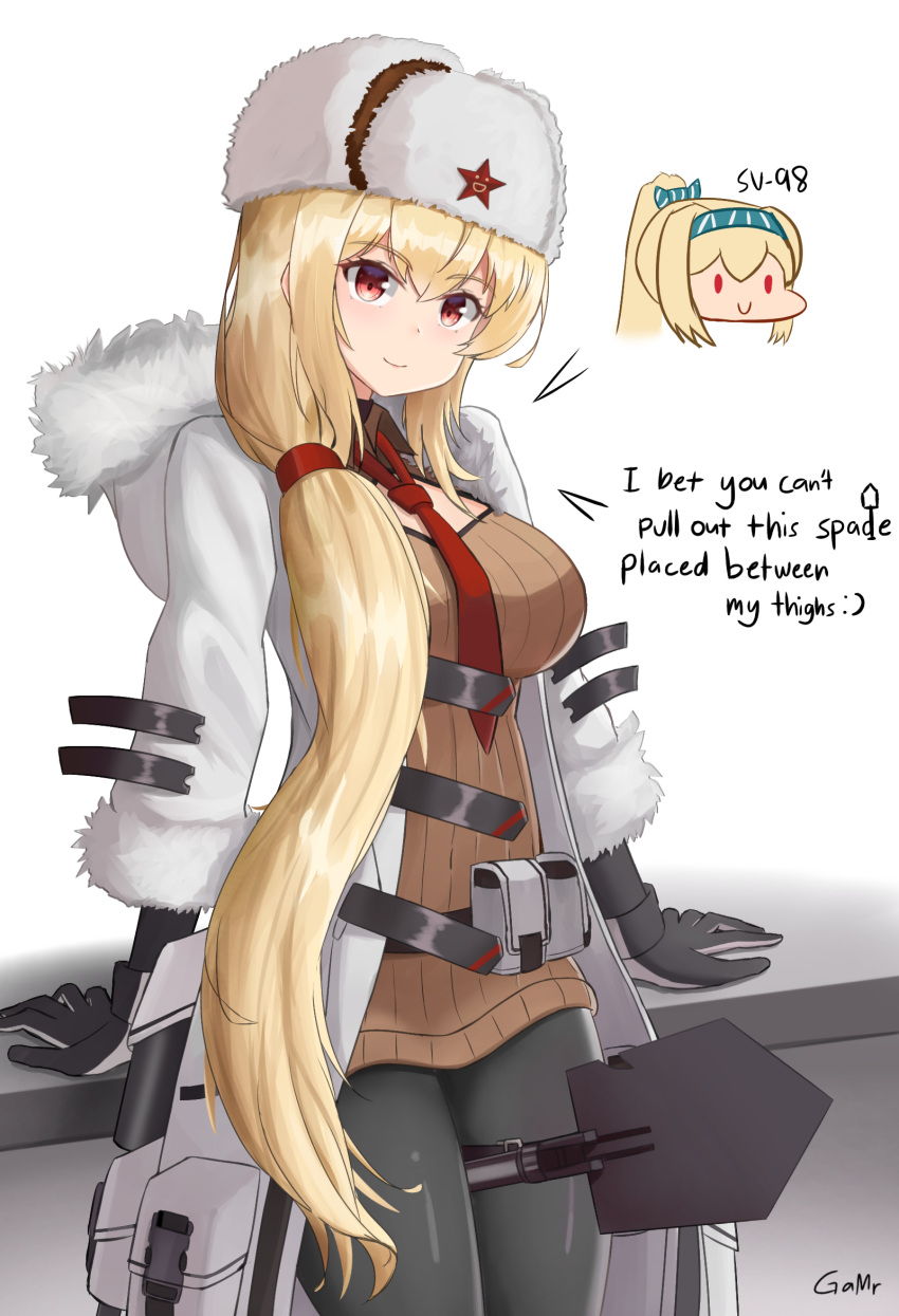 1girl, arms_behind_back, artist_name, bangs, belt_bag, black_gloves, black_legwear, blonde_hair