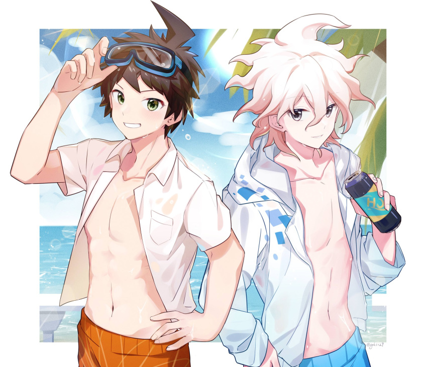 2boys, ahoge, bangs, beach, blue_male_swimwear, breast_pocket, brown_hair, can