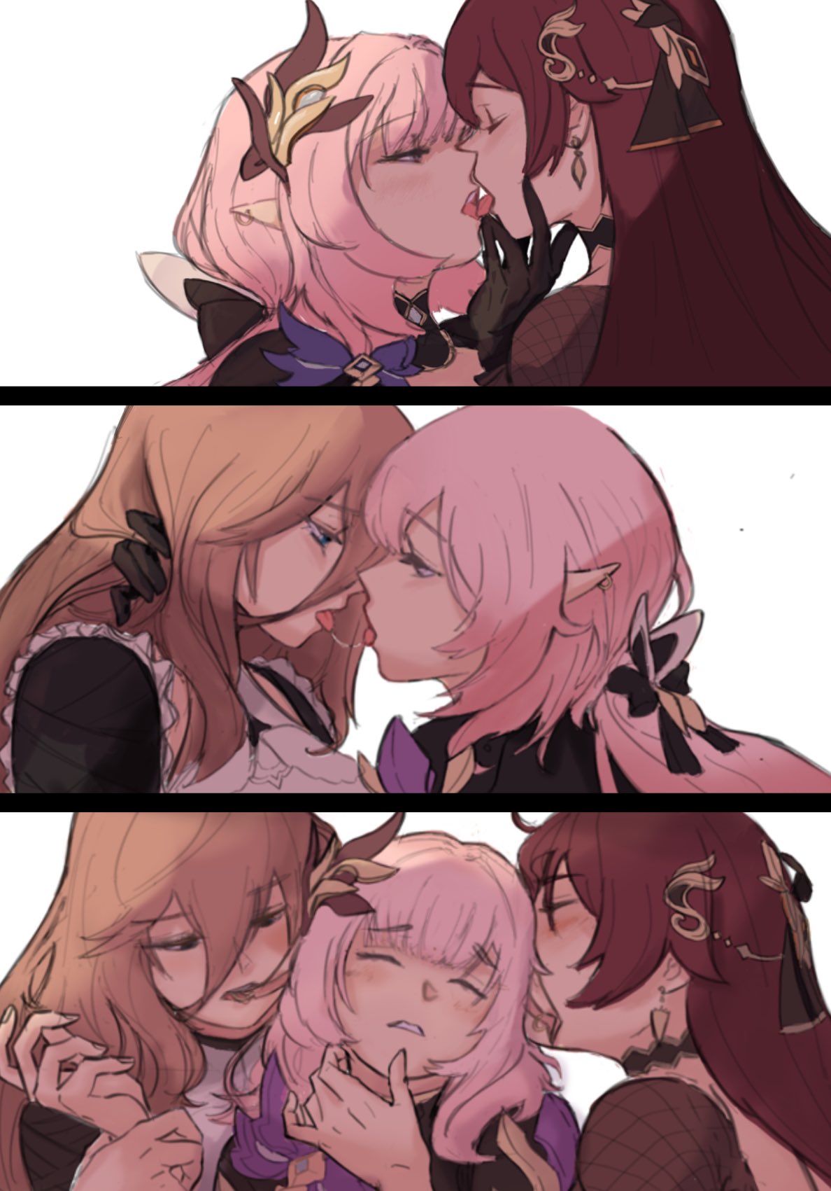 3girls, after_kiss, aponia_(honkai_impact), blush, brown_hair, closed_eyes, dress, earrings