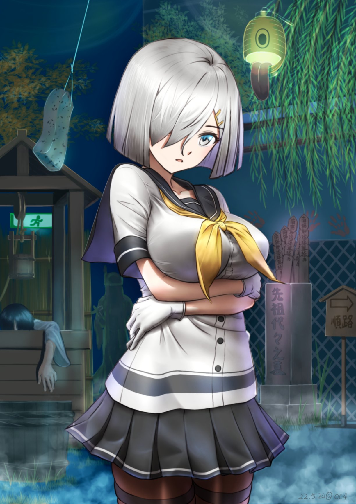 1girl, architecture, black_legwear, blue_eyes, breasts, bucket, chouchin_obake, cowboy_shot, crossed_arms, east_asian_architecture, eyes_visible_through_hair, ghost, gloves, grey_skirt, hair_ornament, hair_over_one_eye, hairclip, hamakaze_(kancolle), highres, kantai_collection, lantern, large_breasts, neckerchief, night, oshiyon, pantyhose, paper_lantern, pleated_skirt, school_uniform, serafuku, short_hair, short_sleeves, skirt, tsukumogami, well, white_gloves, white_hair, yamamura_sadako, yellow_neckerchief
