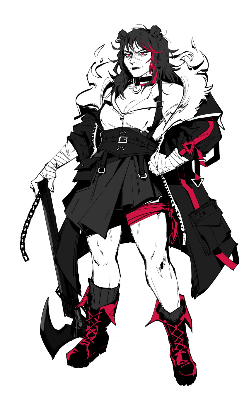 1girl, absurdres, animal_ears, arknights, axe, bandaged_hand, bandaged_leg, bandages