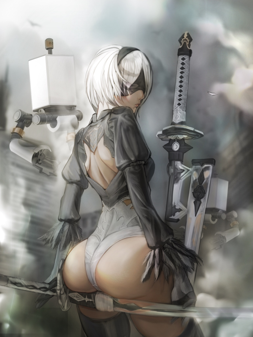 1girl, artist_request, ass, back_cutout, black_legwear, blindfold, closed_mouth, clothing_cutout