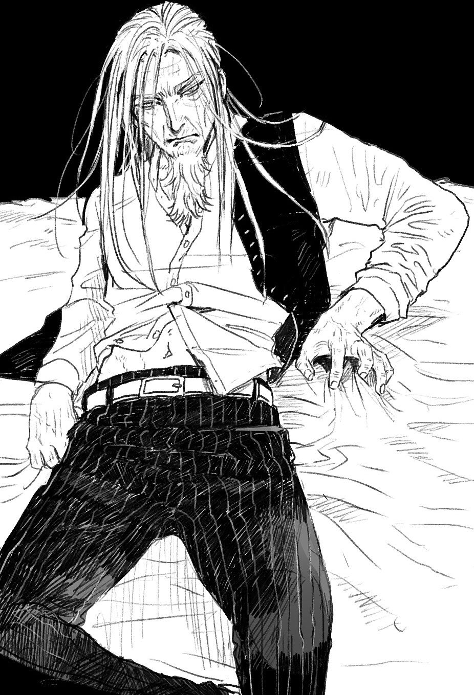 1boy, 5533, beard, bed_sheet, belt, black_background, closed_mouth, dress_shirt