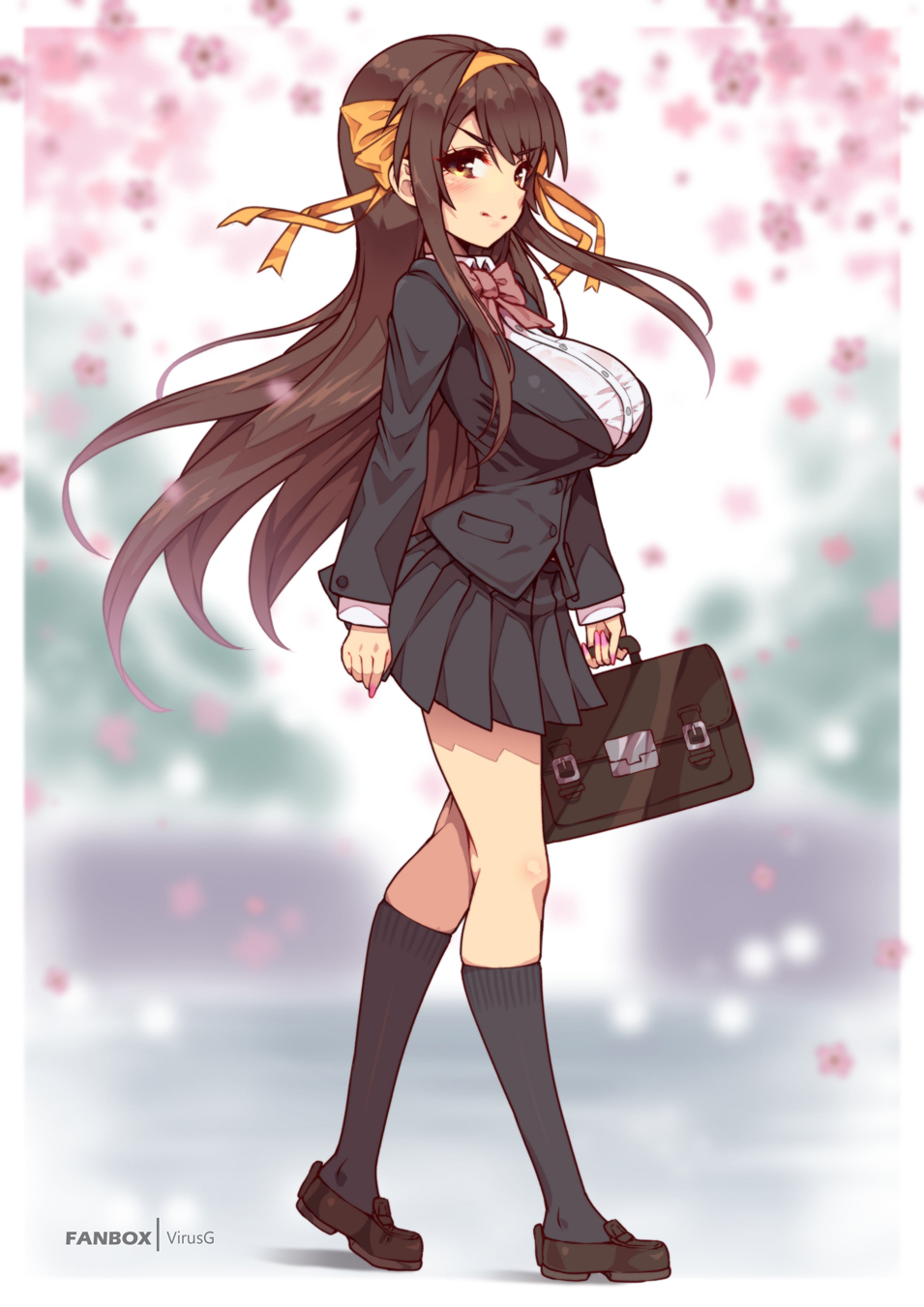 1girl, alternate_breast_size, artist_name, bag, bangs, black_jacket, black_legwear, black_skirt