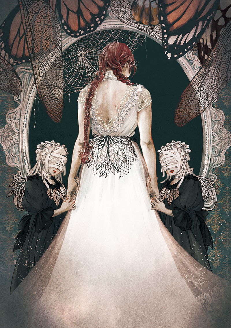 3girls, back, backless_outfit, bandaged_head, bandages, black_dress, braid, butterfly_wings, commentary_request, dress, feathers, frilled_hairband, frills, from_behind, hairband, holding_hands, insect_wings, kobone_awaki, long_hair, mirror, multiple_girls, original, redhead, twin_braids, white_dress, white_hair, wings