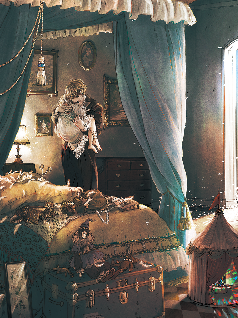 1boy, 1girl, barefoot, bed, black_jacket, black_pants, book, brown_hair, canopy_bed, carrying, carrying_person, chest_of_drawers, circus_tent, clown, commentary_request, curtains, desk_lamp, doll, dress, feathers, formal, indoors, jacket, kobone_awaki, lamp, light_particles, original, painting_(object), pants, pillow, princess_carry, scissors, size_difference, suit, suitcase, tassel, white_dress, white_hair