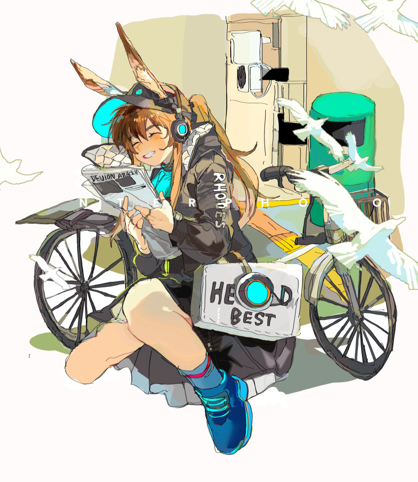 1girl, :d, acket, amiya_(arknights), amiya_(newsgirl)_(arknights), animal_ears, arknights, ascot
