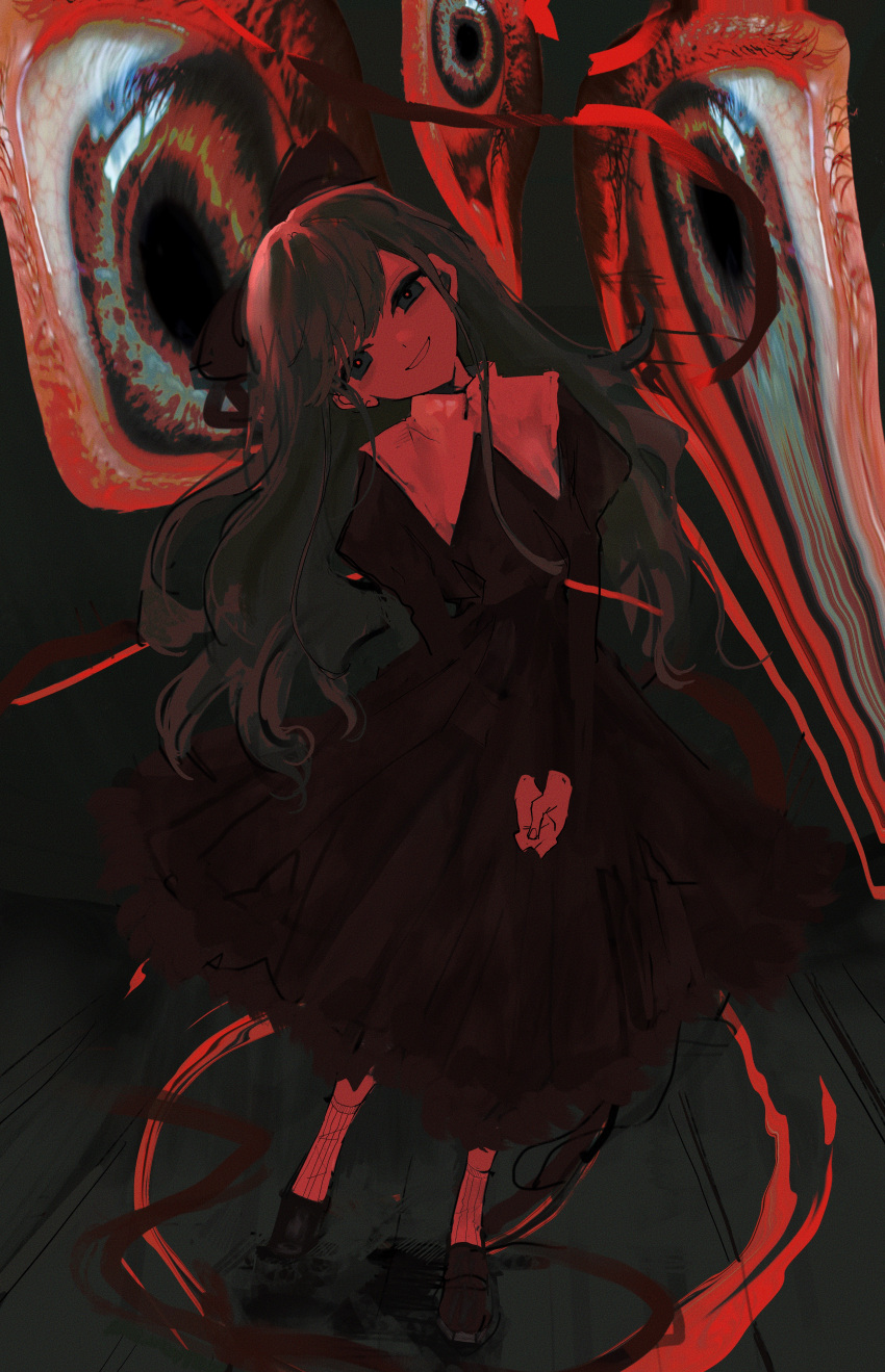 1girl, absurdres, bangs, black_bow, black_dress, black_footwear, blue_eyes, blue_hair