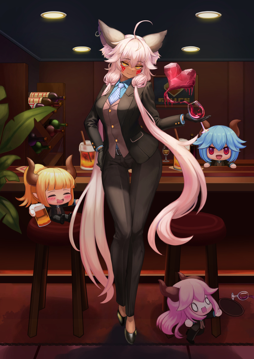 absurdres, ahoge, animal_ears, b-pang, black_gloves, black_pants, breasts, cup