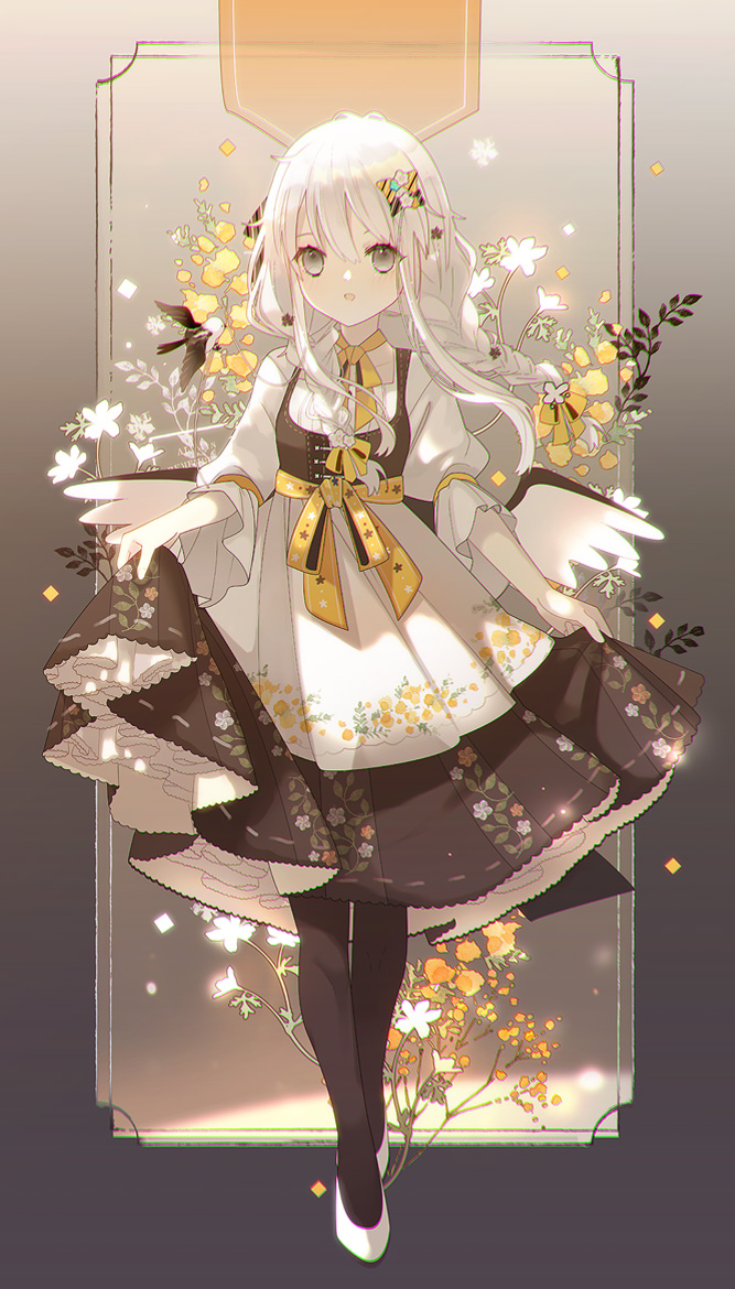 1girl, :d, apron, bangs, black_dress, black_legwear, braid, commentary