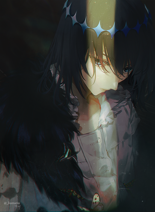1boy, alternate_hair_color, arthropod_boy, bangs, black_hair, blue_eyes, bug, butterfly