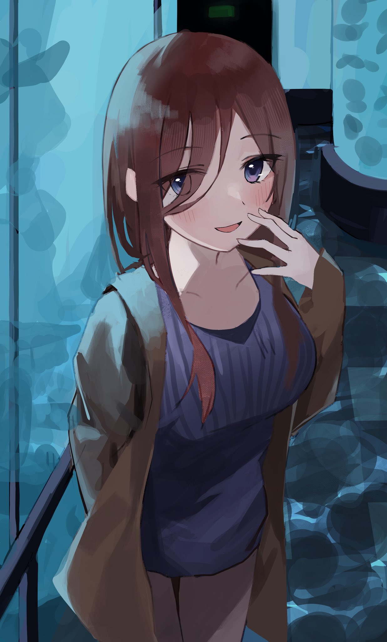 1girl, arm_behind_back, bangs, blue_eyes, blue_sweater, blush, breasts, brown_coat