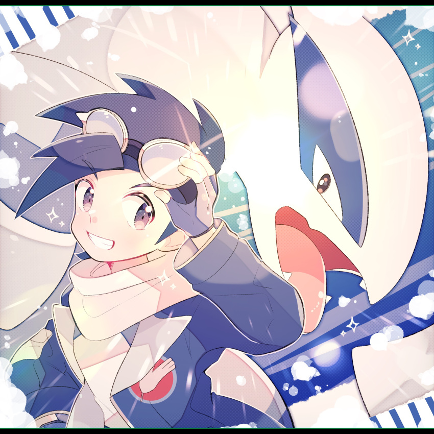 1boy, adjusting_goggles, bangs, black_hair, blue_jacket, commentary_request, ethan_(pokemon), fingerless_gloves