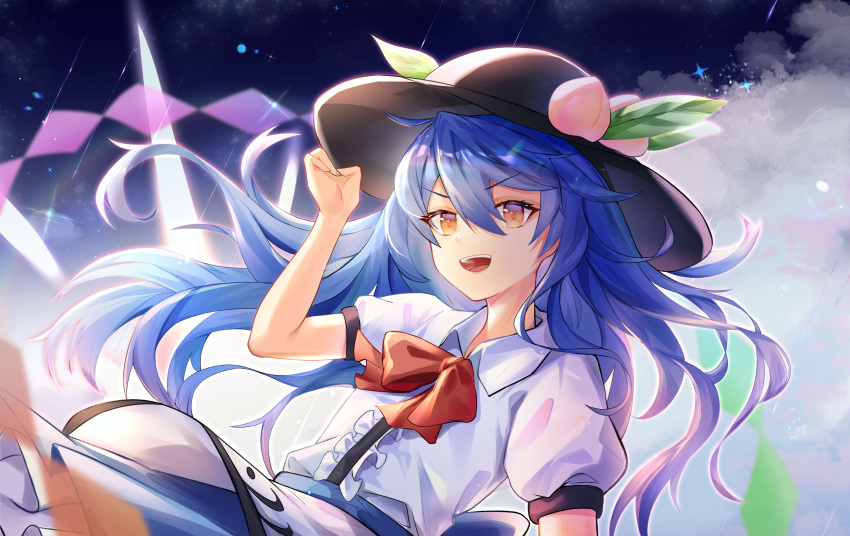 1girl, :d, absurdres, bai_shiro@, bangs, black_headwear, blue_hair, blue_skirt