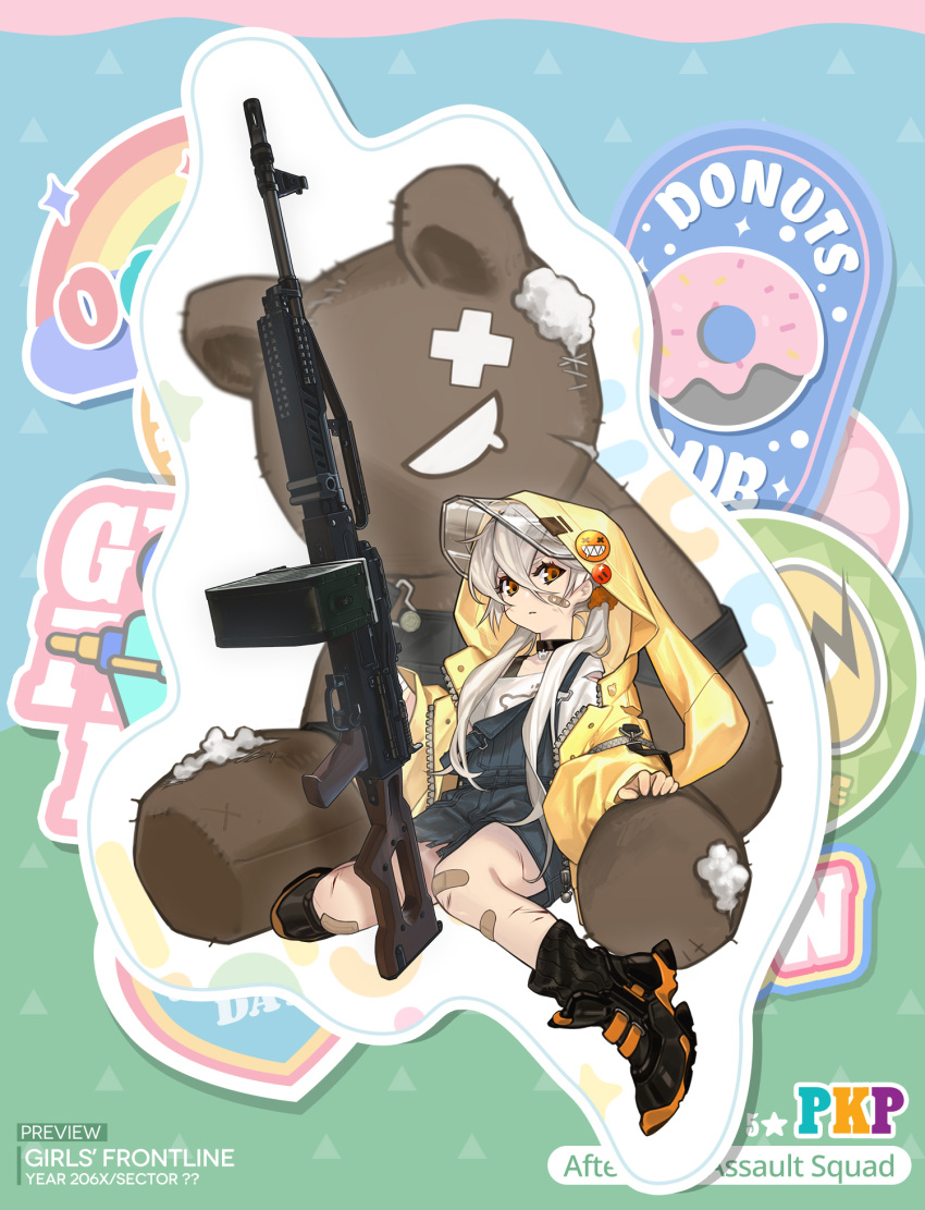 1girl, artist_request, bandaid, bandaid_on_face, bandaid_on_leg, black_footwear, black_overalls, character_name