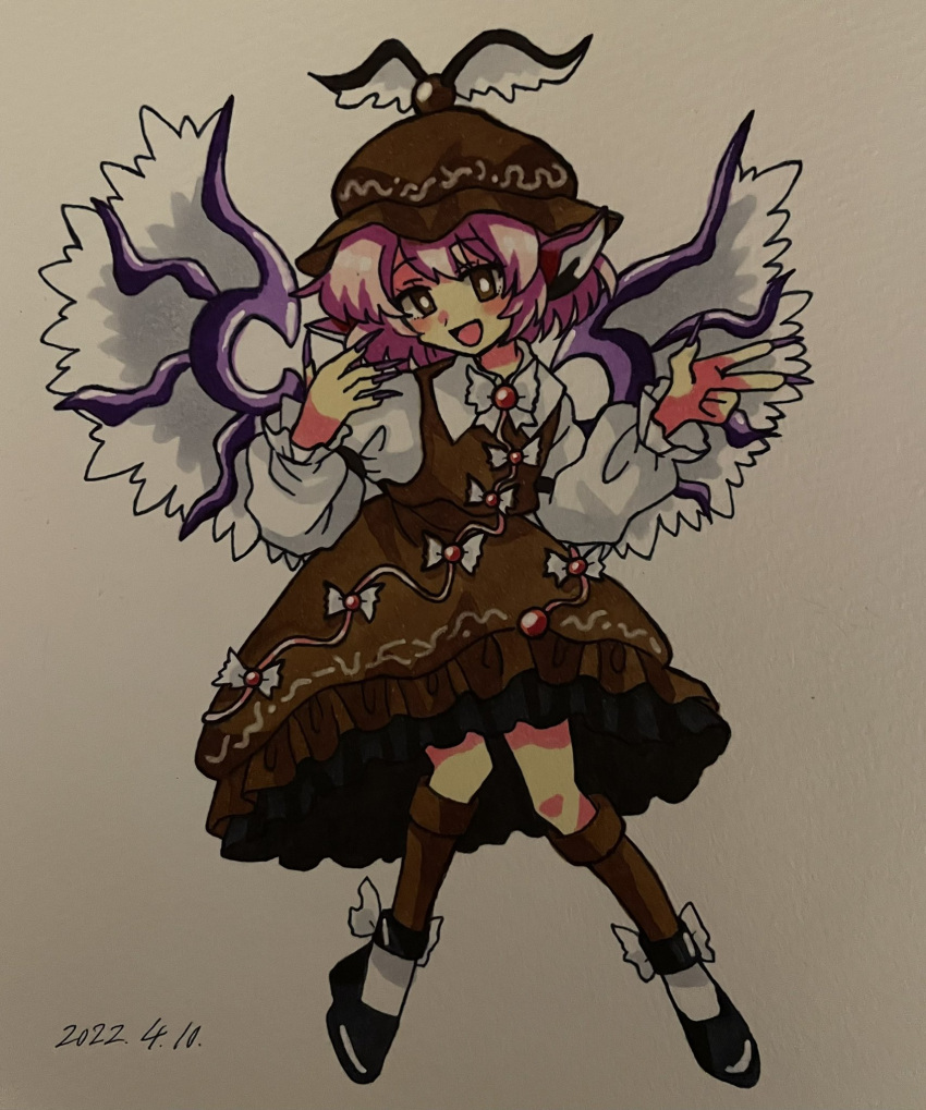 1girl, bird_wings, black_footwear, brown_dress, brown_eyes, brown_headwear, dated, dress