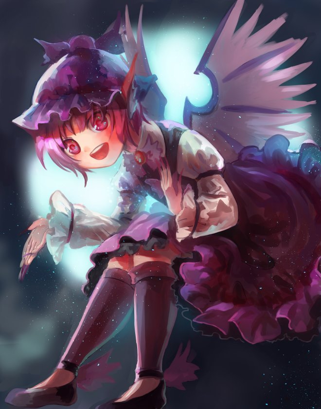 1girl, animal_ears, bird_ears, bird_wings, black_footwear, blush, brown_dress, brown_headwear, brown_legwear, dress, fingernails, hair_between_eyes, kneehighs, long_fingernails, long_sleeves, momoko_(nihontou), mystia_lorelei, nail_polish, open_mouth, pink_eyes, pink_hair, pink_nails, sharp_fingernails, shoes, short_hair, smile, solo, teeth, touhou, upper_teeth, white_wings, winged_footwear, winged_hat, wings