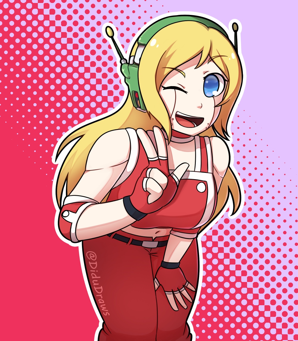1girl, android, bare_shoulders, belt, blonde_hair, blue_eyes, colored_skin, curly_brace