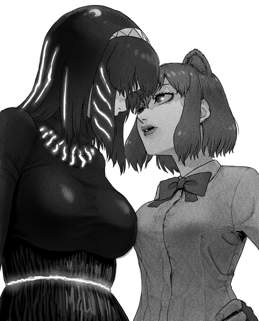 2girls, animal_ears, artist_progress, asymmetrical_docking, bangs, bear_ears, bioluminescence, bow, bowtie, breast_press, breasts, brown_bear_(kemono_friends), buttons, collared_shirt, commentary_request, crossover, dress, extra_ears, face-to-face, fingerless_gloves, fingernails, gloves, glowing, glowing_clothes, glowing_hair, godzilla, godzilla_(series), greyscale, hair_ornament, hairband, hand_on_hip, height_difference, highres, kemono_friends, kishida_shiki, large_breasts, lips, long_hair, looking_at_another, medium_breasts, medium_hair, monochrome, multiple_girls, parted_lips, redrawn, shin_godzilla, shirt, sidelocks, simple_background, taut_clothes, taut_dress, taut_shirt, upper_body, white_background, wing_collar