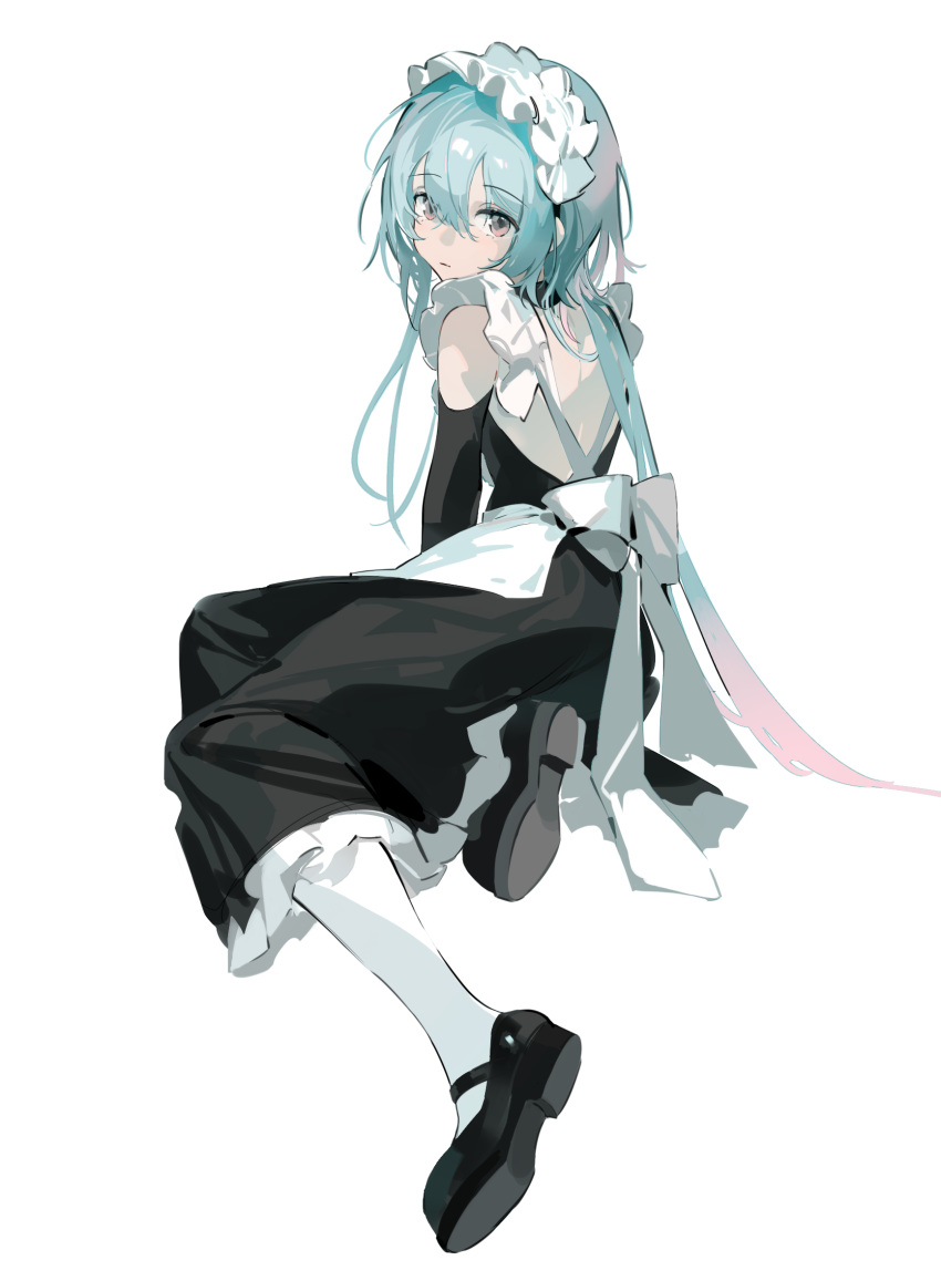 1boy, alternate_costume, apron, arknights, bangs, bare_shoulders, black_dress, blue_hair, brown_eyes, closed_mouth, crossdressing, detached_sleeves, dress, enmaided, eyebrows_visible_through_hair, fandangyu, from_behind, full_body, gradient, gradient_background, hair_between_eyes, highres, long_hair, long_sleeves, looking_at_another, looking_at_viewer, looking_back, maid, maid_headdress, male_focus, mary_janes, mizuki_(arknights), otoko_no_ko, pantyhose, pink_hair, shoes, simple_background, sitting, solo, very_long_hair, waist_apron, white_apron, white_background, white_legwear