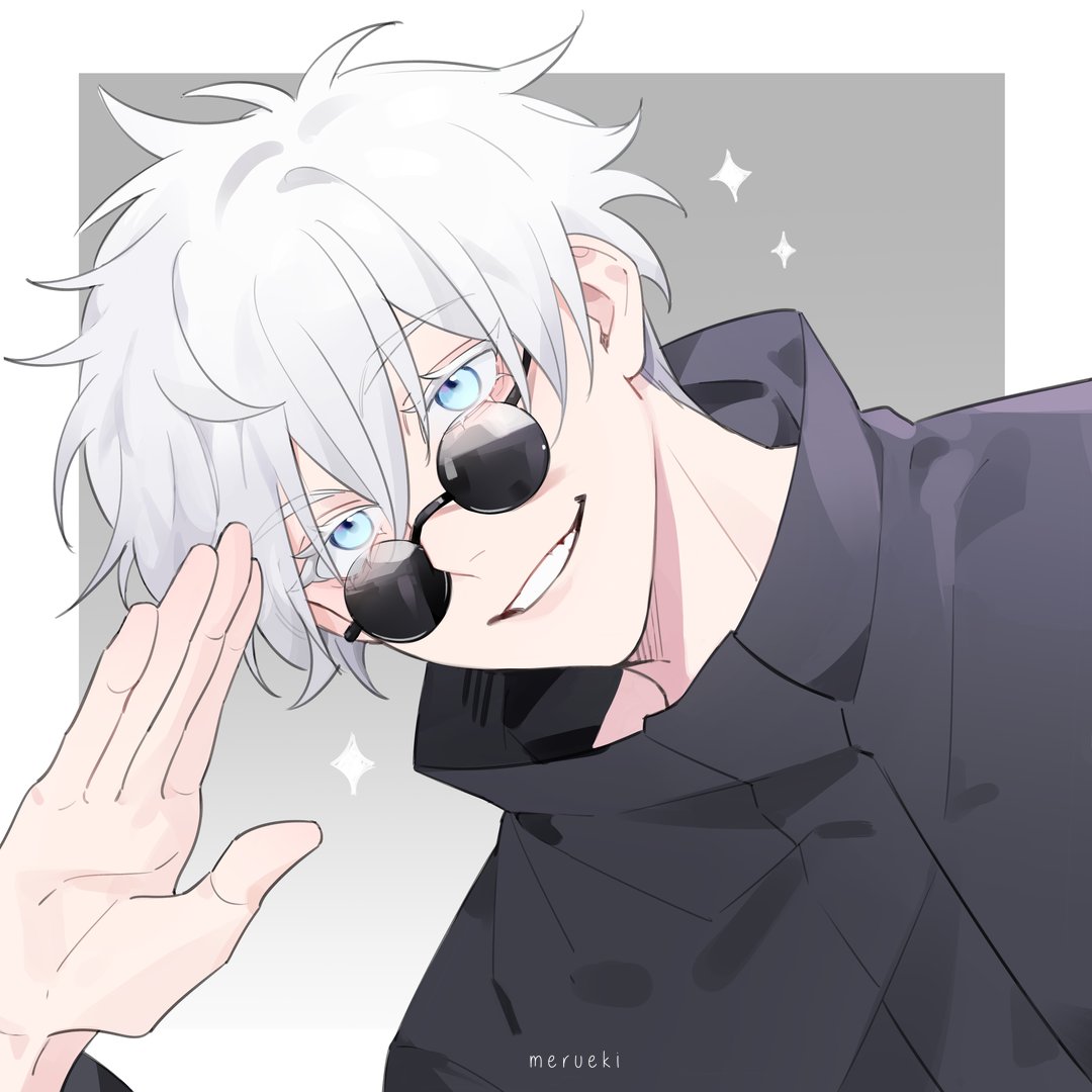 1boy, artist_name, bangs, black_jacket, eyelashes, gojou_satoru, grin, hair_between_eyes