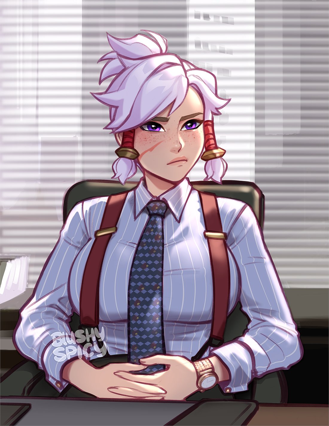 1girl, american_psycho, artist_name, bangs, blue_necktie, blue_shirt, blushy-pixy, breasts