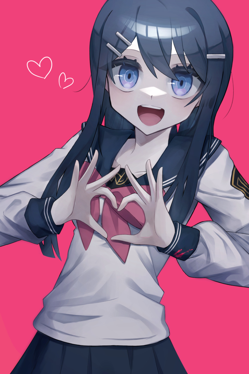1girl, :d, absurdres, bangs, black_sailor_collar, black_skirt, blue_eyes, bow