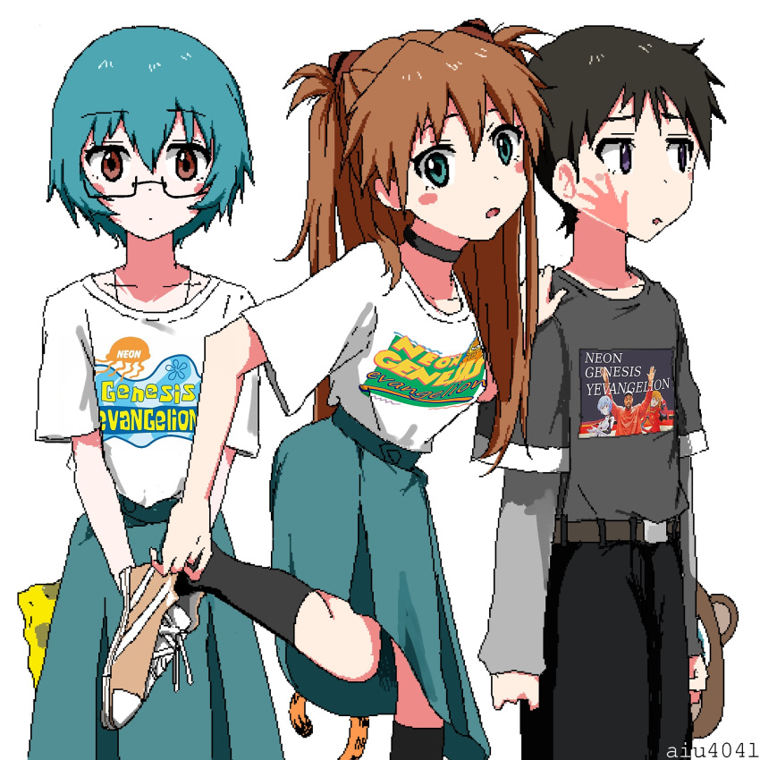 1boy, 2girls, aiu404l, ayanami_rei, black_hair, black_legwear, black_pants, blue_eyes