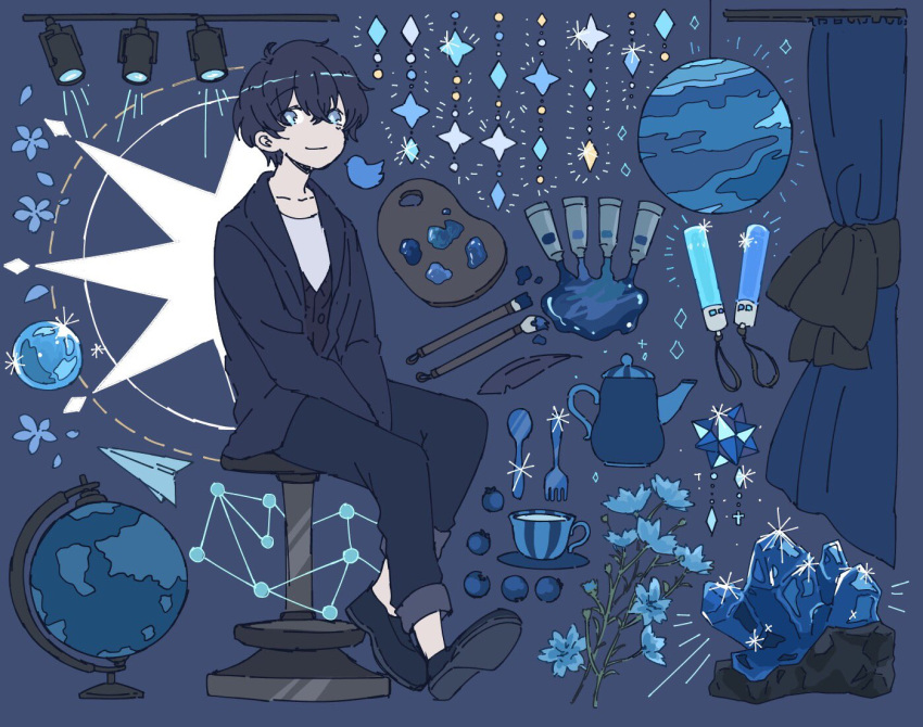 1boy, bangs, bead_curtain, between_legs, black_sweater_vest, blue_background, blue_eyes, blue_flower