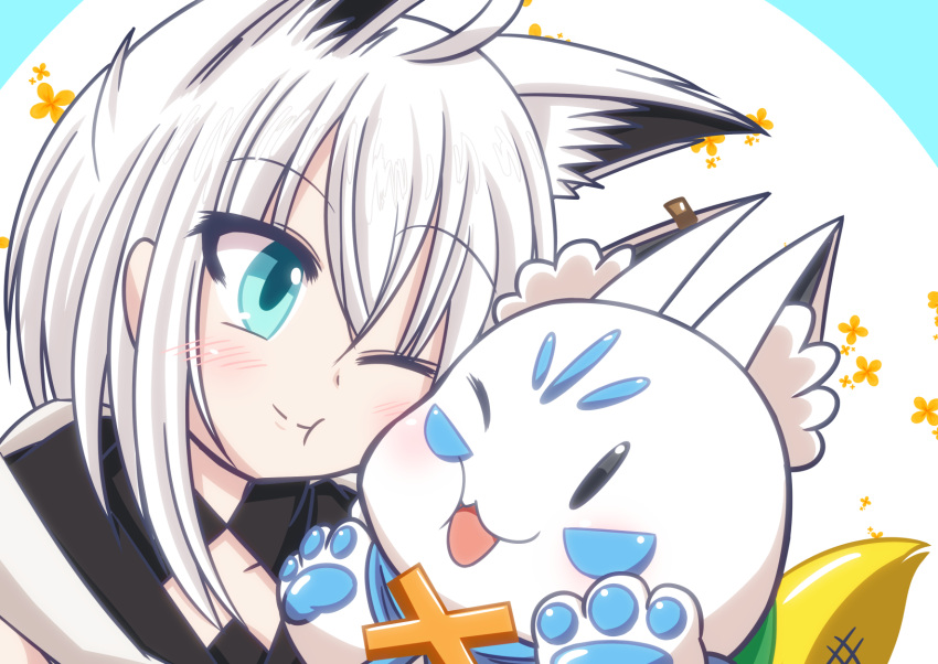 1girl, ahoge, animal_ear_fluff, animal_ears, bangs, blush, cheek-to-cheek, commentary_request, earrings, eyebrows_visible_through_hair, fox_ears, fox_girl, green_eyes, hair_between_eyes, heads_together, highres, hololive, hood, hoodie, jewelry, one_eye_closed, open_mouth, shirakami_fubuki, sidelocks, snowmist_zimi, sukonbu_(shirakami_fubuki), virtual_youtuber, white_hair, white_hoodie