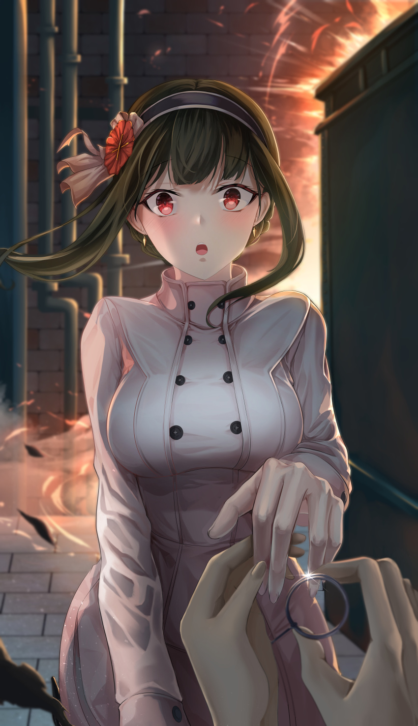 1boy, 1girl, :o, absurdres, bangs, blush, breasts, brick_wall, buttons, debris, dumpster, earrings, embers, engagement_ring, explosion, eyebrows_visible_through_hair, floating_hair, flower, glint, gold_earrings, grenade_pin, hair_flower, hair_ornament, hairband, highres, holding_hands, jewelry, large_breasts, leehong_studio, long_hair, looking_at_viewer, night, open_mouth, out_of_frame, outdoors, pov, pov_hands, proposal, red_eyes, red_flower, sidelocks, spy_x_family, teeth, trench_coat, twilight_(spy_x_family), upper_teeth, yor_briar
