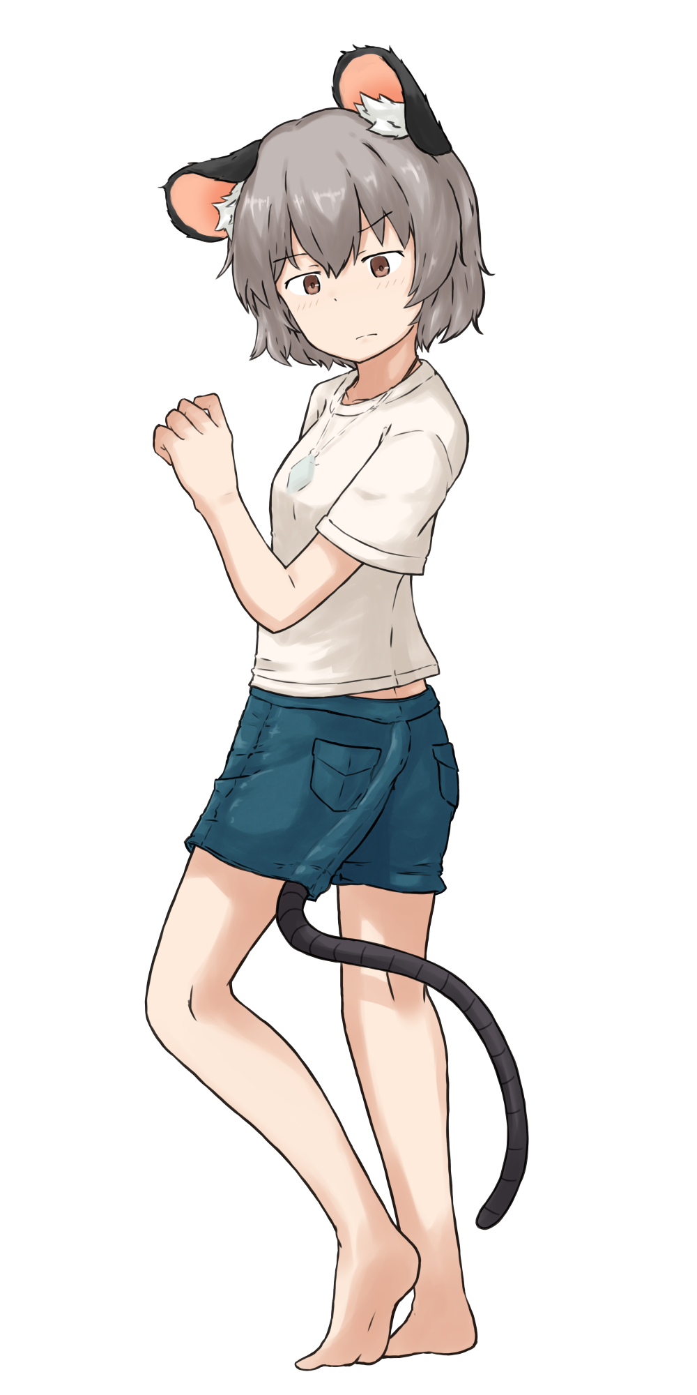 1girl, animal_ears, barefoot, blue_shorts, breasts, brown_eyes, chagamaka, crystal