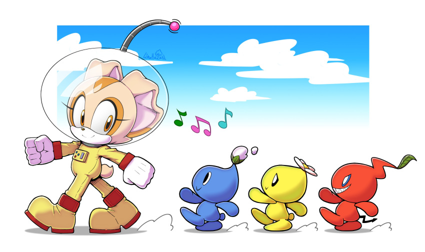 1girl, 3others, absurdres, animal_ears, animal_nose, antennae, blue_eyes, blue_skin, blue_sky, brown_eyes, chao_(sonic), closed_mouth, clouds, colored_skin, commentary, cosplay, cream_the_rabbit, demon_tail, english_commentary, evil_grin, evil_smile, fangs, from_side, furry, furry_female, gloves, grin, helmet, highres, leaf, leaf_on_head, limehazard, looking_at_another, looking_back, looking_up, march, multiple_others, musical_note, olimar, olimar_(cosplay), pikmin_(creature), pikmin_(creature)_(cosplay), pikmin_(series), pink_fur, pink_skin, rabbit_ears, rabbit_girl, rabbit_tail, red_skin, sharp_teeth, simple_background, sky, smile, sonic_(series), spacesuit, tail, teeth, walking, white_gloves, yellow_skin