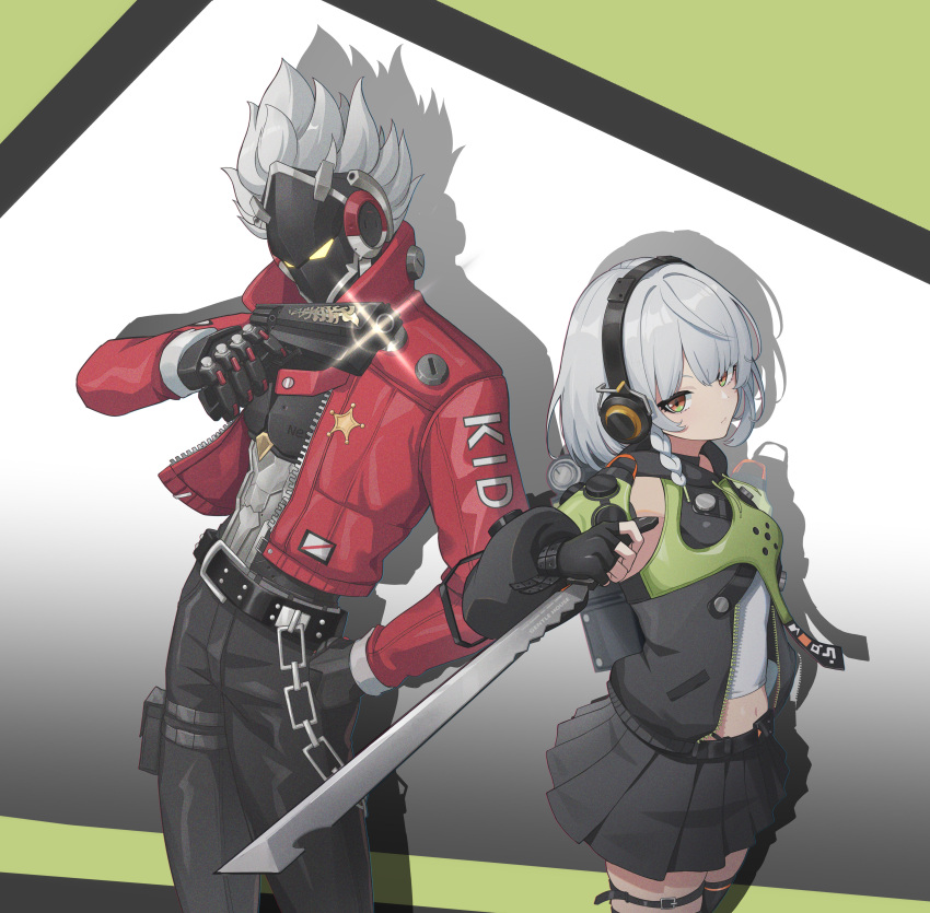 1boy, 1girl, absurdres, anby_demara, armor, bangs, belt, billy_(zenless_zone_zero), black_gloves, black_pants, braid, chain, closed_mouth, detached_sleeves, fingerless_gloves, gloves, grey_hair, gun, handgun, headphones, highres, holding, holding_sword, holding_weapon, jacket, long_sleeves, looking_at_viewer, mask, natsugou_shinogi, navel, pants, pleated_skirt, red_jacket, short_hair, side_braid, simple_background, skindentation, skirt, sparkle, spiky_hair, sword, thigh_strap, weapon, zenless_zone_zero
