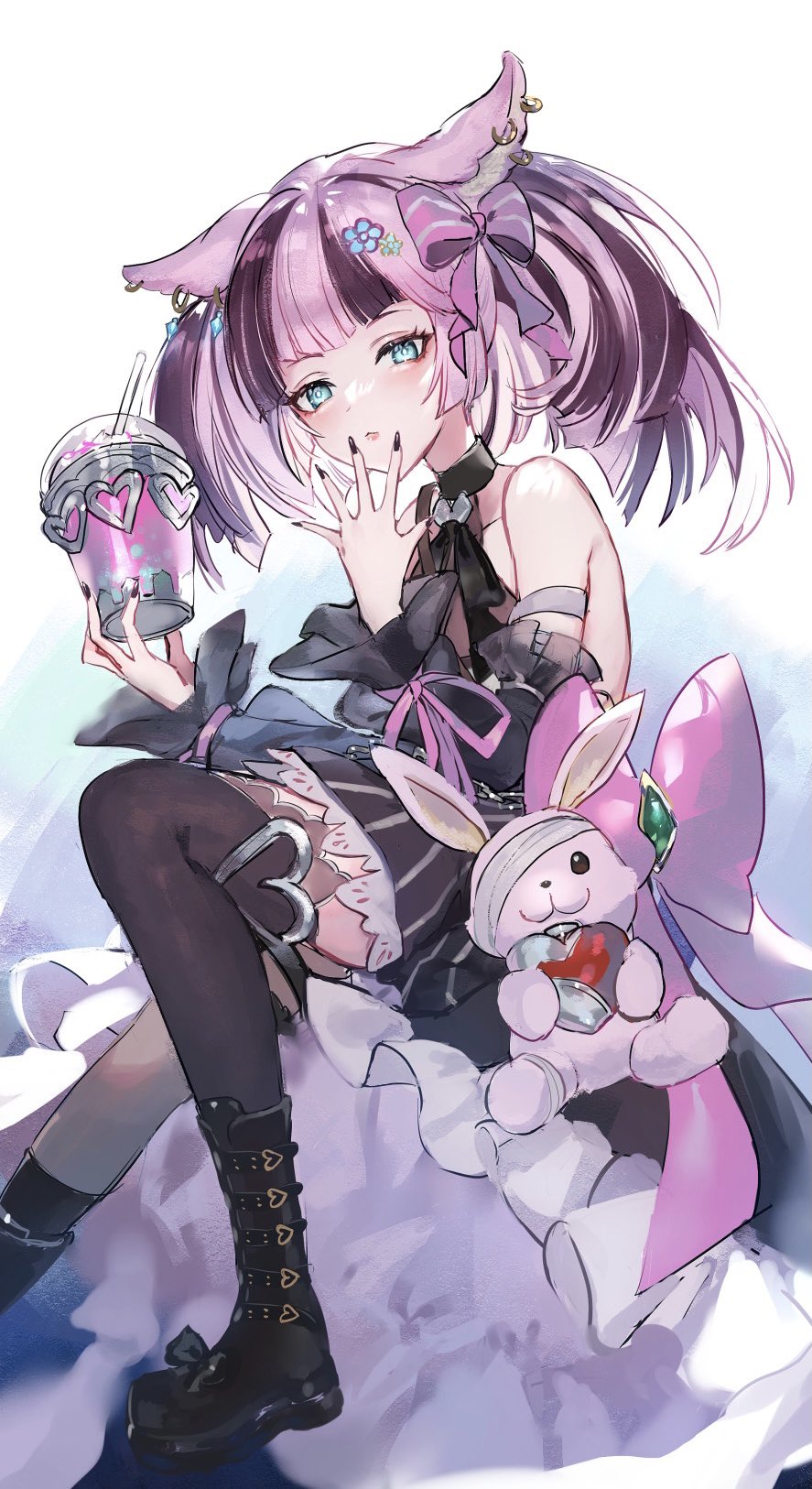 1girl, animal_ears, bandaged_arm, bandages, bangs, bare_shoulders, black_footwear, black_legwear, black_nails, boots, bow, choker, closed_mouth, cup, detached_sleeves, ear_bar, erune, eyeshadow, granblue_fantasy, green_eyes, hair_bow, hair_ornament, highres, holding, holding_cup, lips, makeup, manamel_(granblue_fantasy), medium_hair, multicolored_hair, pink_hair, purple_hair, shiromimin, solo, stuffed_animal, stuffed_bunny, stuffed_toy, thigh-highs, twintails, two-tone_hair