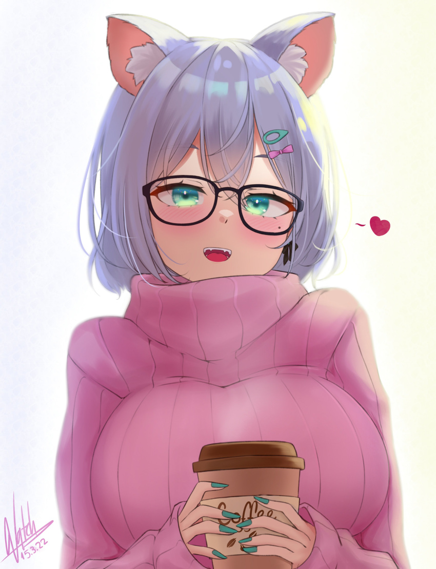 1girl, absurdres, animal_ears, aqua_eyes, blush, breasts, cat_ears, coffee_cup
