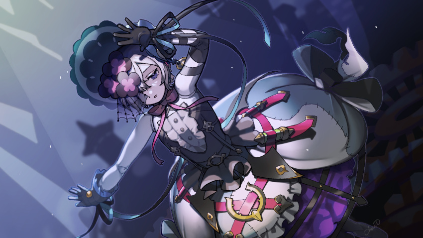 1girl, arm_up, bandaged_arm, bandages, bangs, black_gloves, doll_joints, dragalia_lost