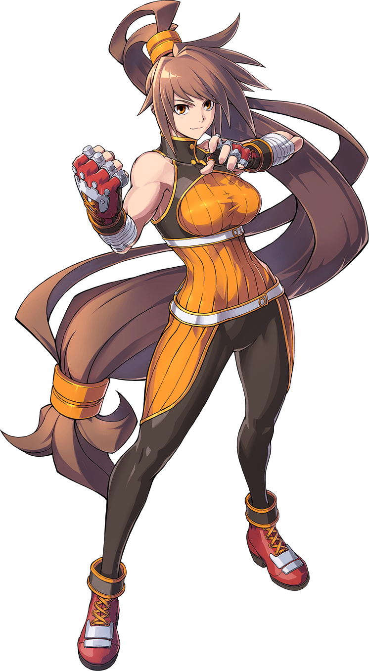 1girl, ankle_boots, artist_name, bandaged_arm, bandages, bangs, bare_shoulders, belt, bodysuit, boots, brown_eyes, brown_hair, buttons, clenched_hand, closed_mouth, commentary, dnf_duel, dungeon_and_fighter, fighter_(dungeon_and_fighter), fingerless_gloves, fingernails, full_body, gloves, highres, long_hair, looking_at_viewer, low-tied_long_hair, muscular, muscular_female, official_art, red_footwear, shiny, shiny_clothes, shiny_hair, simple_background, skin_tight, sleeveless, smile, solo, standing, striker_(dungeon_and_fighter), turtleneck, very_long_hair