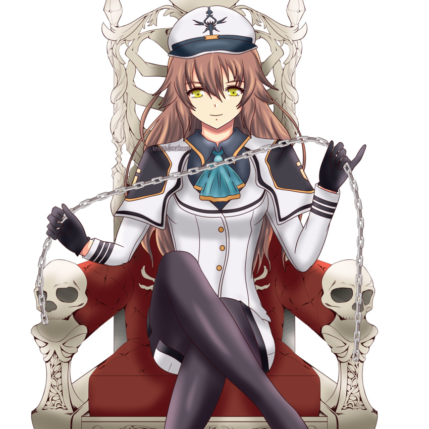 1girl, brown_hair, capelet_lift, chair, crossed_legs, eiyuu_densetsu, gloves, green_eyes