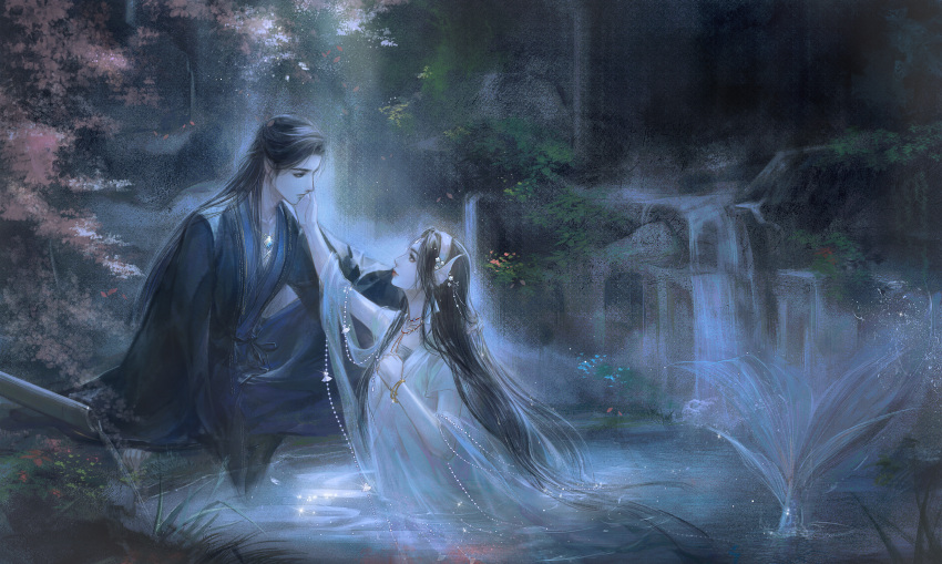 1boy, 1girl, absurdres, black_hair, dress, fish_tail, hairband, hand_on_another's_face, head_fins, highres, in_water, jewelry, juan_siliang, juan_siliang_xuanli_chanliang_zu, long_hair, necklace, splashing, tail, tu_li_(juan_siliang), vegetation, white_dress
