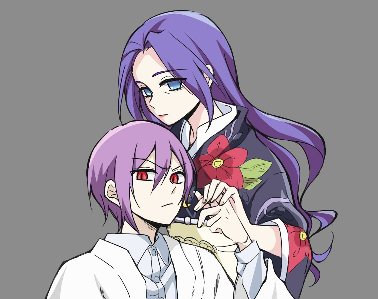 1boy, 1girl, bangs, biyo, black_kimono, blue_eyes, closed_mouth, collared_shirt
