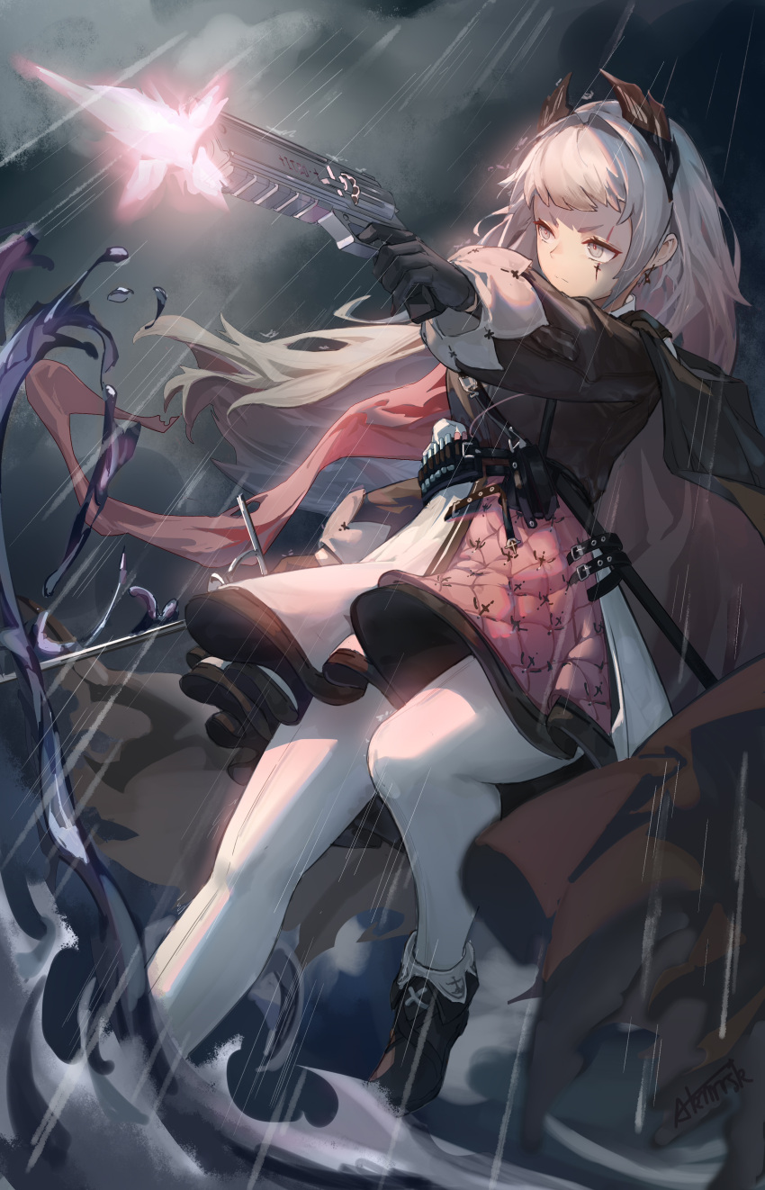 1girl, absurdres, akimurasaki, arknights, black_cape, black_footwear, black_jacket, cape