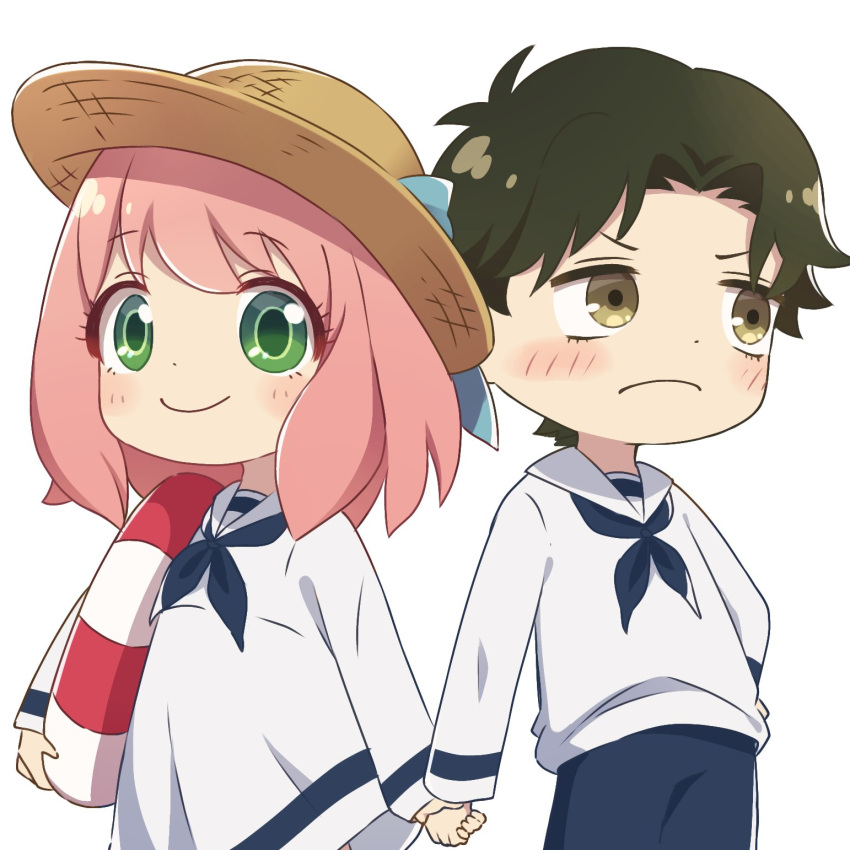 >:(, 1boy, 1girl, anya_(spy_x_family), black_hair, blue_neckerchief, blue_pants, blush