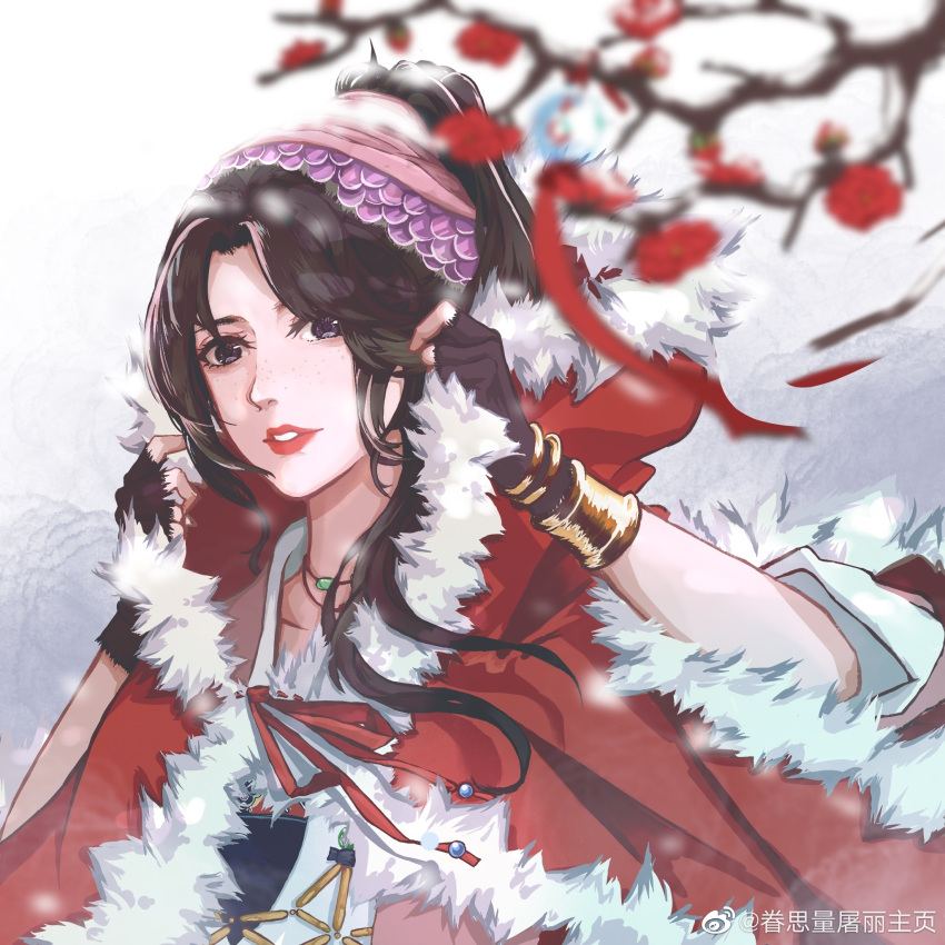 1girl, blurry, blurry_foreground, branch, face, fingerless_gloves, flower, gloves