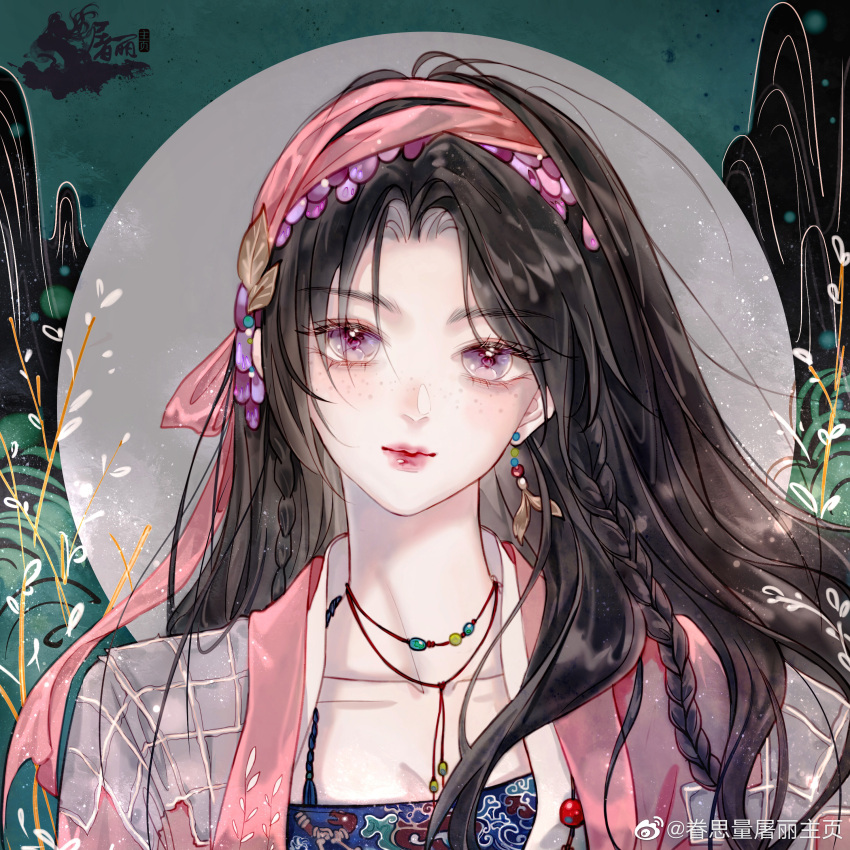 1girl, absurdres, braid, brown_hair, circle, freckles, hairband, highres