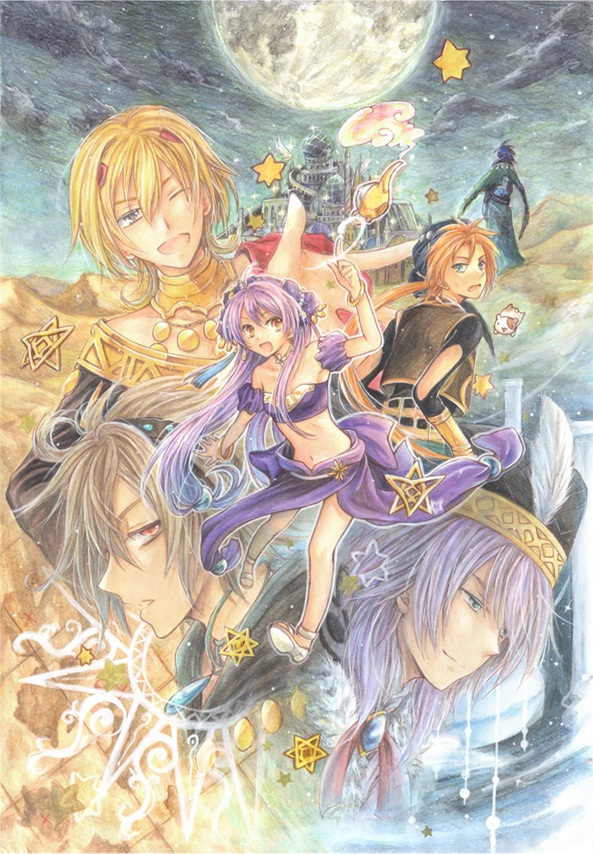 1girl, 5boys, animal, ascot, aspashia, bedlah, blonde_hair, blue_eyes, blue_hair, bracelet, closed_mouth, desert, desert_kingdom, hair_ornament, hat, hat_feather, headband, ishmael_yahav, jewelry, light_brown_hair, moon, multiple_boys, nari_hibiki, navel, one_eye_closed, open_mouth, orange_hair, pendant, pink_eyes, ponytail, purple_hair, red_eyes, regetta_samal, sandals, sera_(desert_kingdom), sharon_adabat, traditional_media, turban, vee_(desert_kingdom), vest, watercolor_pencil_(medium), white_footwear