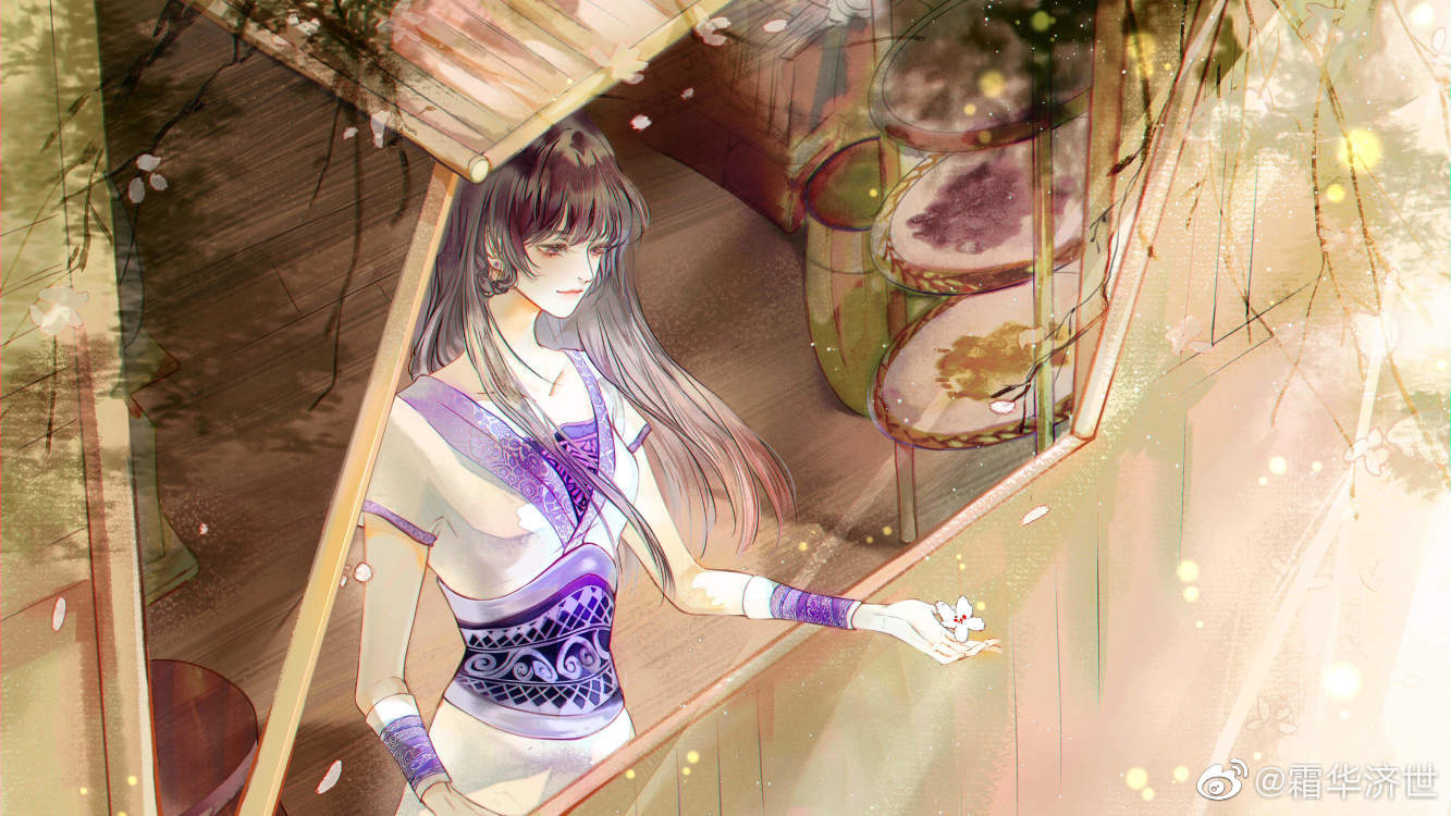 1girl, armband, braid, branch, brown_hair, chinese_clothes, duanmu_rong_(qin_shi_ming_yue), flower