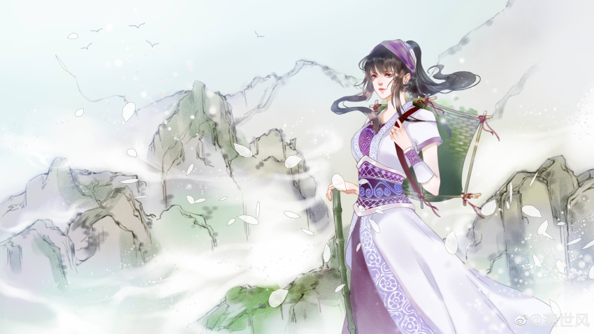 1girl, absurdres, bamboo, basket, bird, black_hair, cane, chinese_clothes