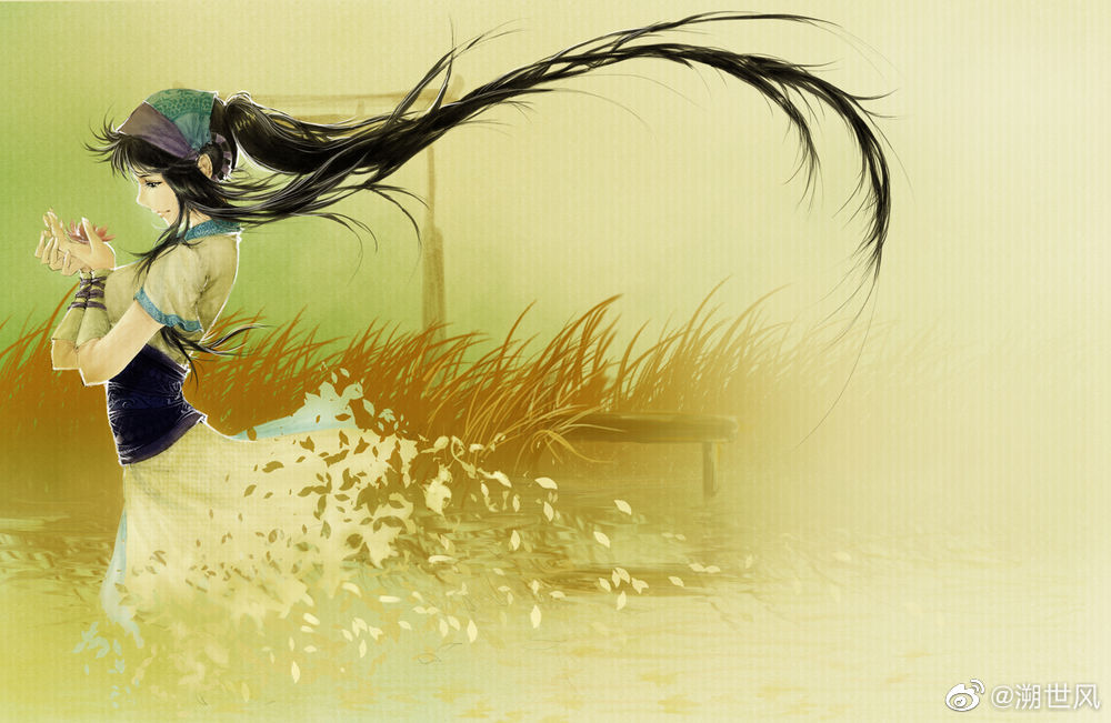 1girl, black_hair, chinese_clothes, disintegration, duanmu_rong_(qin_shi_ming_yue), flower, from_side, grass